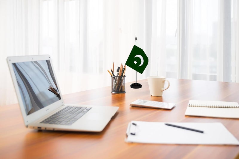 tibijoy Pakistan Pakistani Small Mini Desk Flag Set Miniature Pakistan Pakistani Table Office Flag with 13" Black Pole, Black Base, Miniature Pakistan Deluxe Desktop Flag(2 Pack) - Image 4